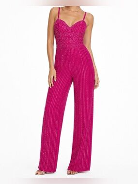 Forever Yours Vintage 100% Silk Magenta Fully Beaded Sequin Jumpsuit Size XS